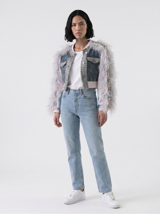 Next Level Apparel Jackets & Blazers - Next Level Apparel Mixed Denim & Fur Bomber Jacket in Light Gray and Blue